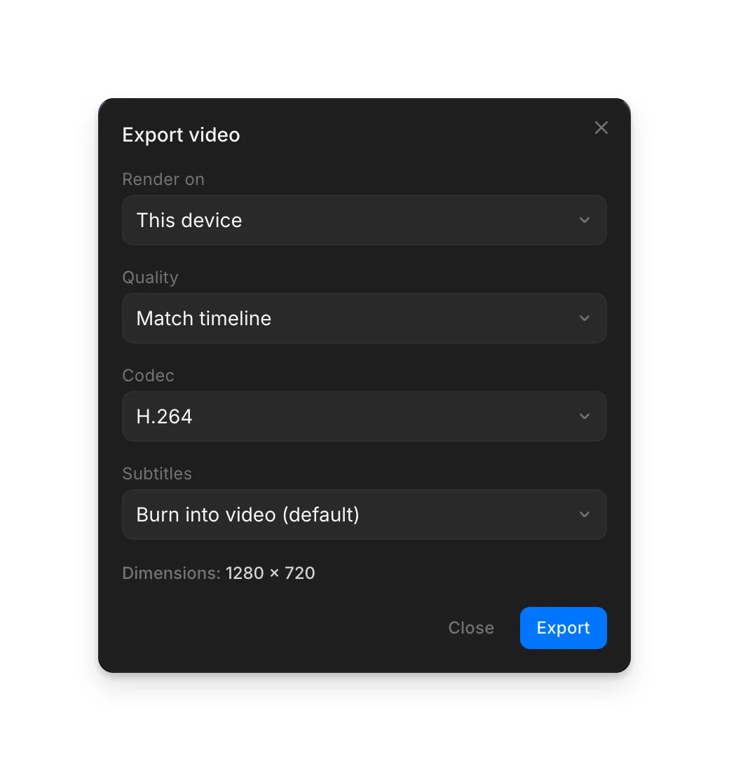 The 'Export video' dialog with Render on, Quality, Codec and Subtitles, the output dimensions, and the Export button