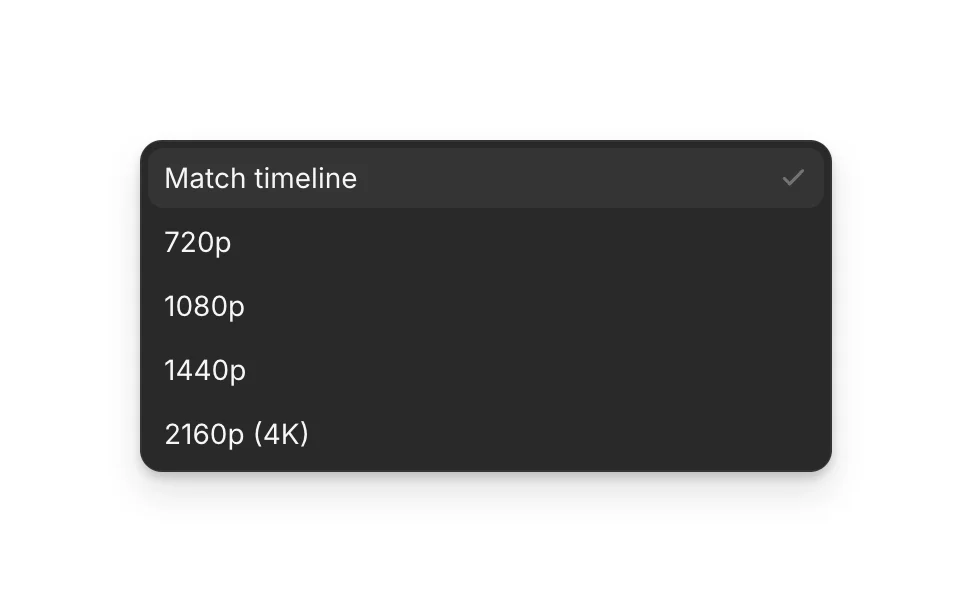The Quality menu: Match timeline, 720p, 1080p, 1440p and 2160p (4K)