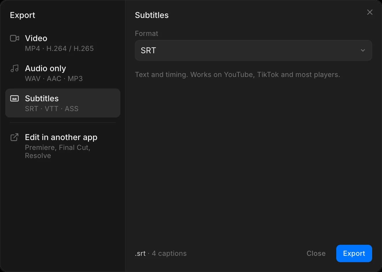 The Export dialog on 'Subtitles', with Format set to SRT and the caption count at the bottom