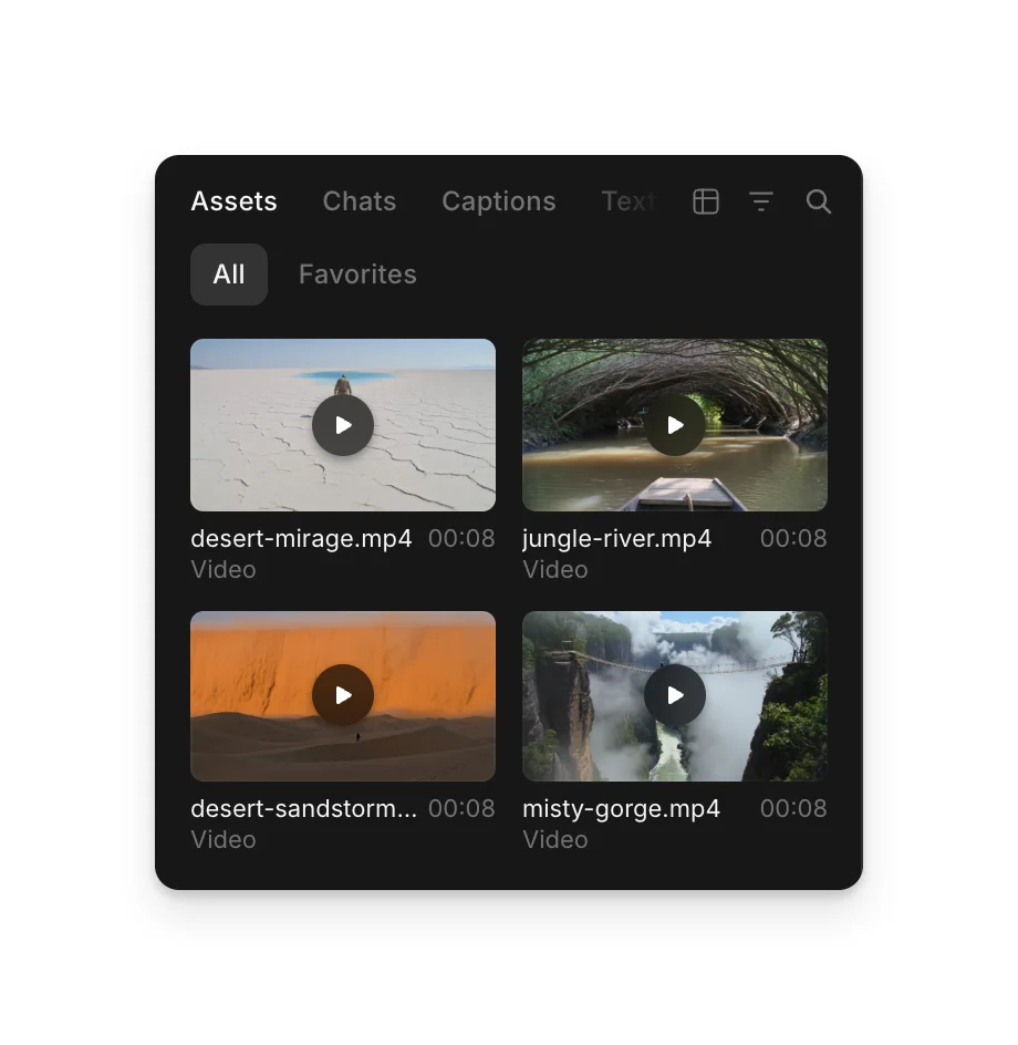 The media browser in Compose, open on the Assets tab with four video clips