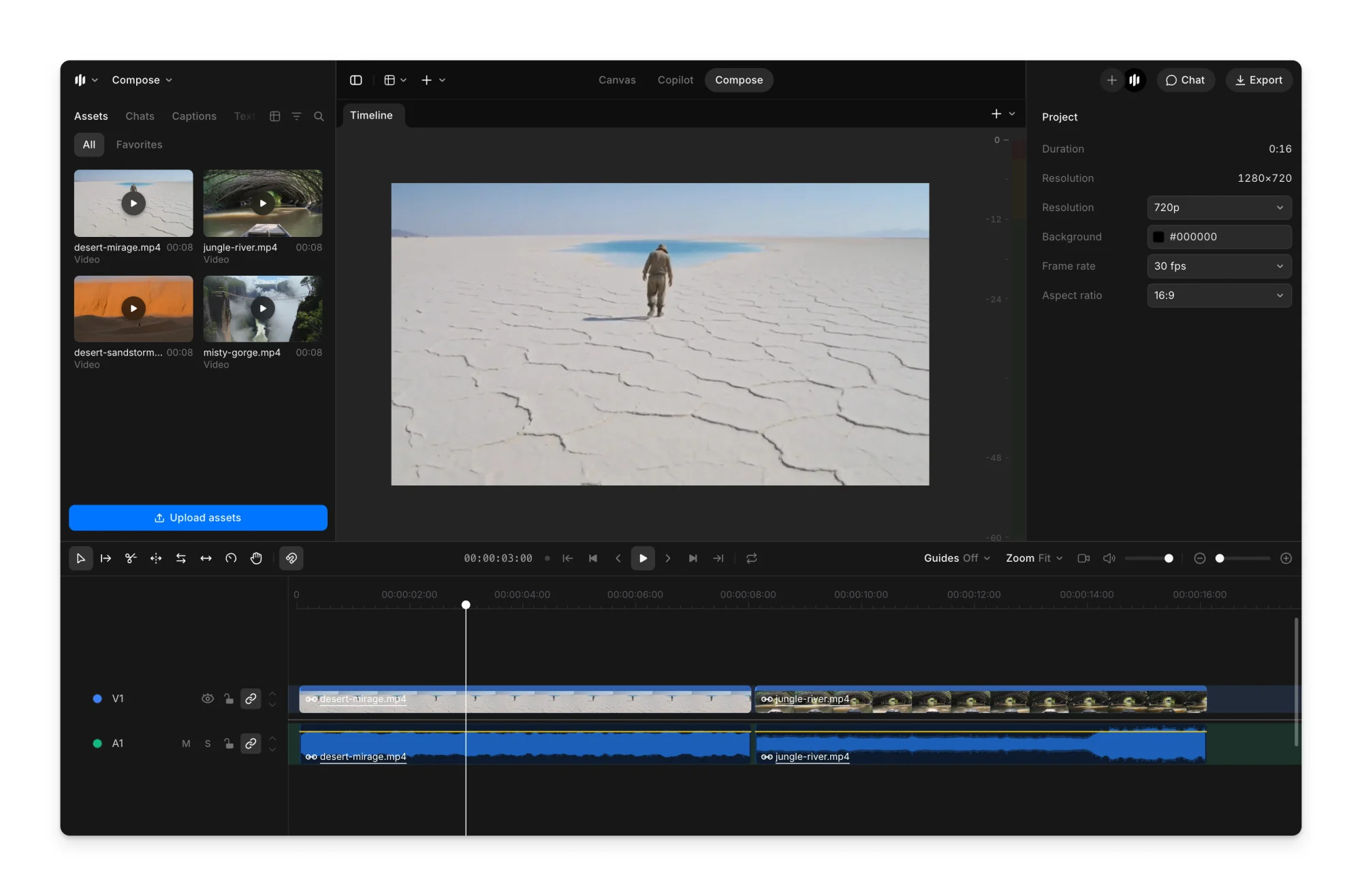 Compose on Morphic: the media browser on the left, the preview in the middle, settings on the right and the timeline along the bottom