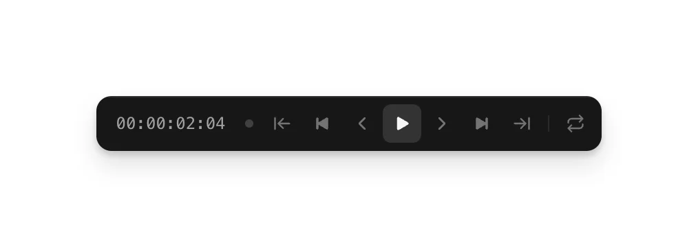 The playback controls: timecode, go to start, previous edit point, previous frame, play, next frame, next edit point, go to end and loop playback