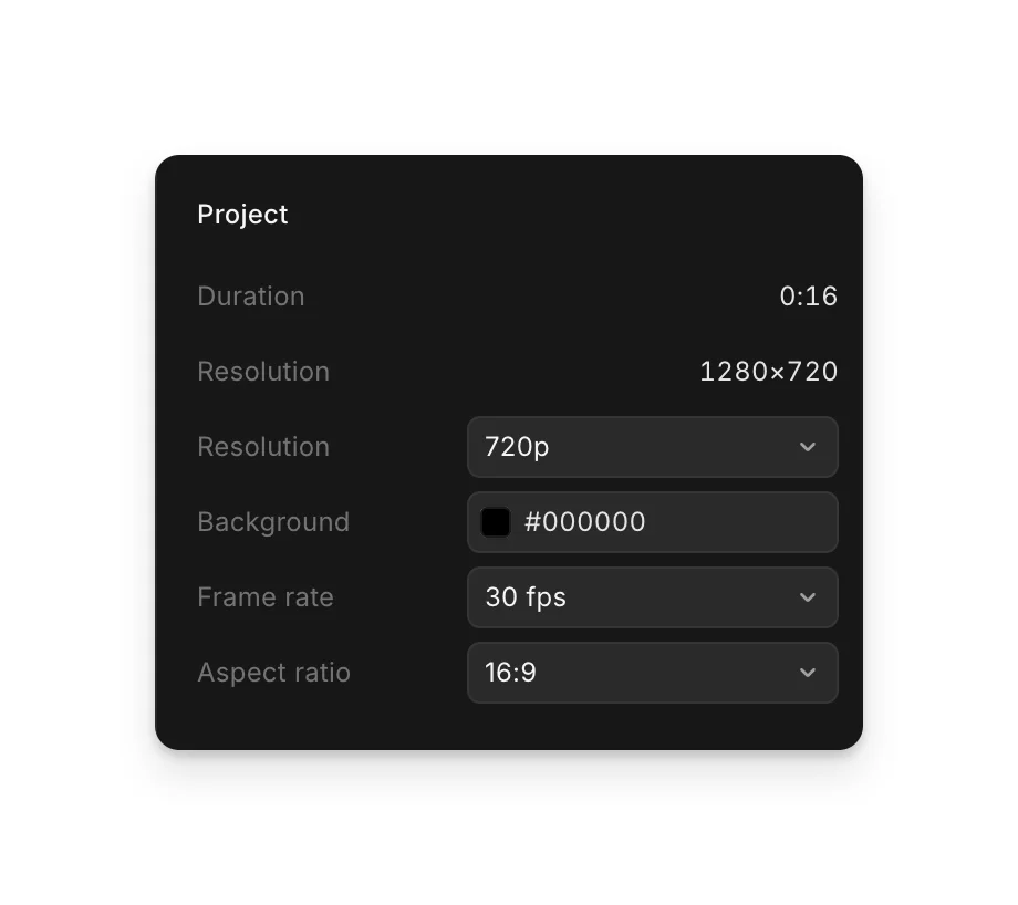 The 'Project' panel in Compose with Duration, Resolution, Background, Frame rate and Aspect ratio