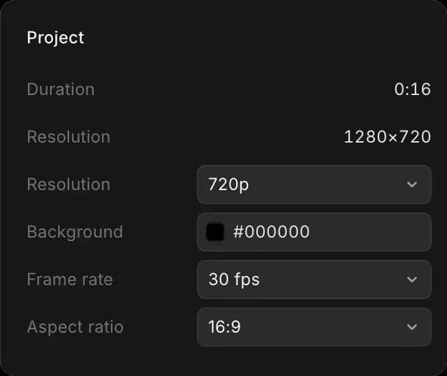 The 'Project' panel in Compose with Duration, Resolution, Background, Frame rate and Aspect ratio
