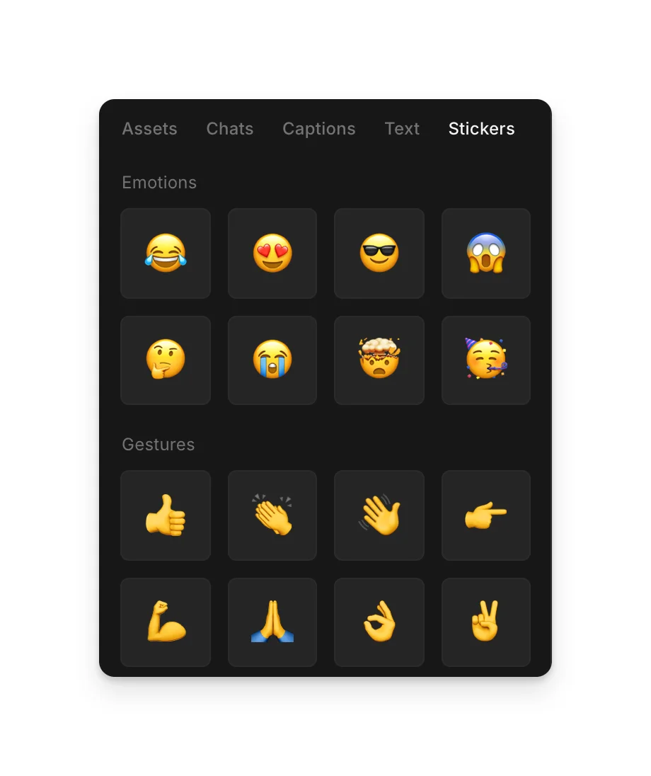 The Stickers tab with emoji grouped under Emotions and Gestures