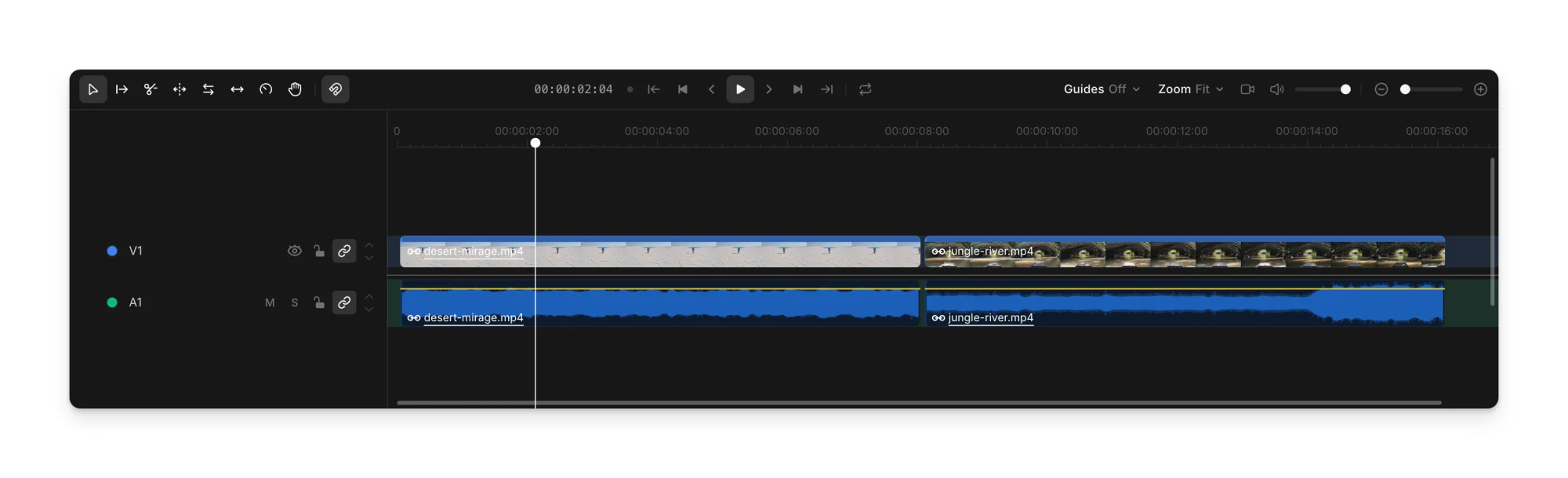 The Compose timeline: the tool bar and playback controls, then a video lane and an audio lane holding two clips
