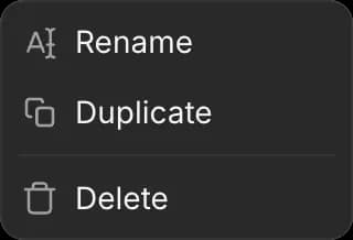 The menu on a timeline tab in Compose, with Rename, Duplicate and Delete
