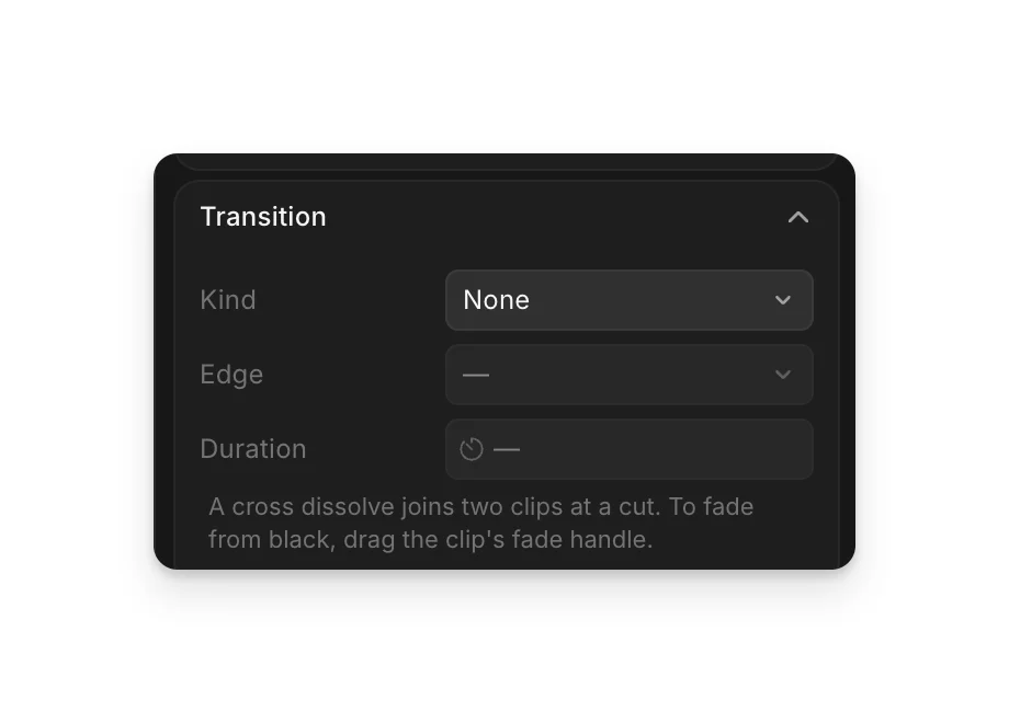 The Transition section of a clip's Video tab, with Kind, Edge and Duration