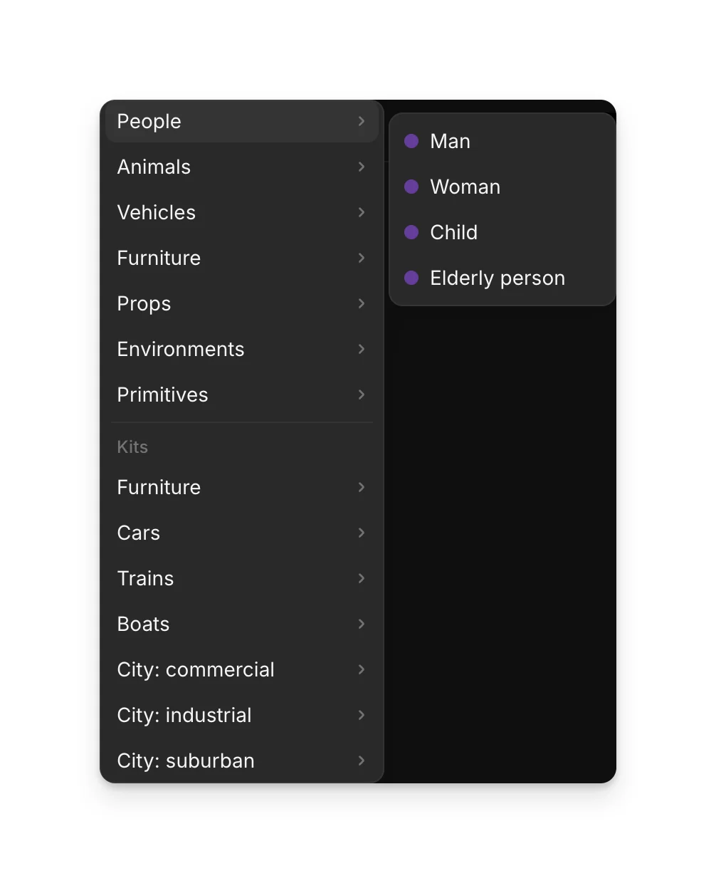 The Add object menu, with the People category open showing Man, Woman, Child and Elderly person