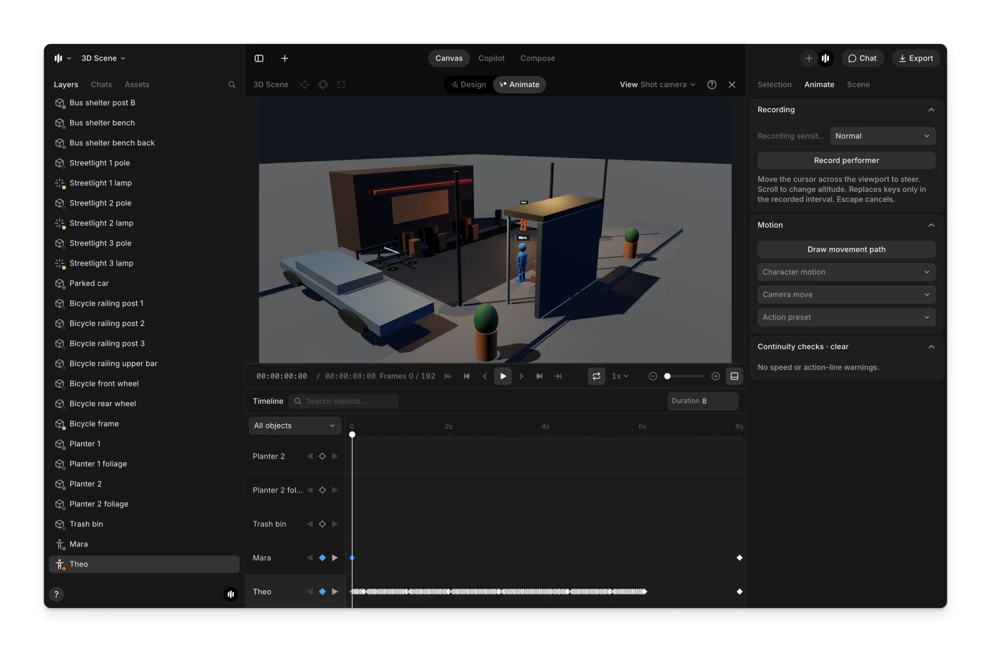 The 3D editor in Animate mode, with the timeline along the bottom and the Animate tab on the right