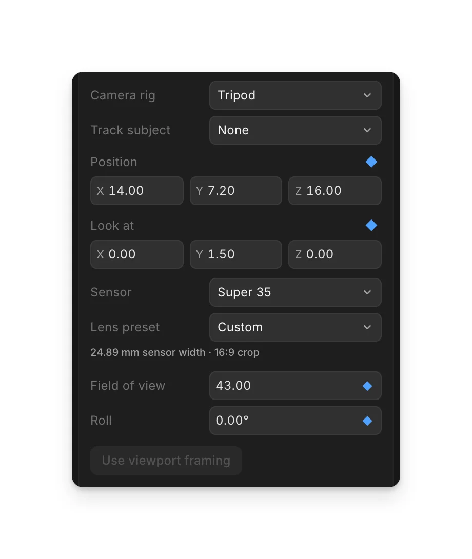 Shot camera settings: Camera rig, Track subject, Position, Look at, Sensor, Lens preset, Field of view, Roll and Use viewport framing