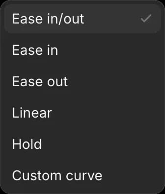 The Easing menu: Ease in/out, Ease in, Ease out, Linear, Hold, Custom curve