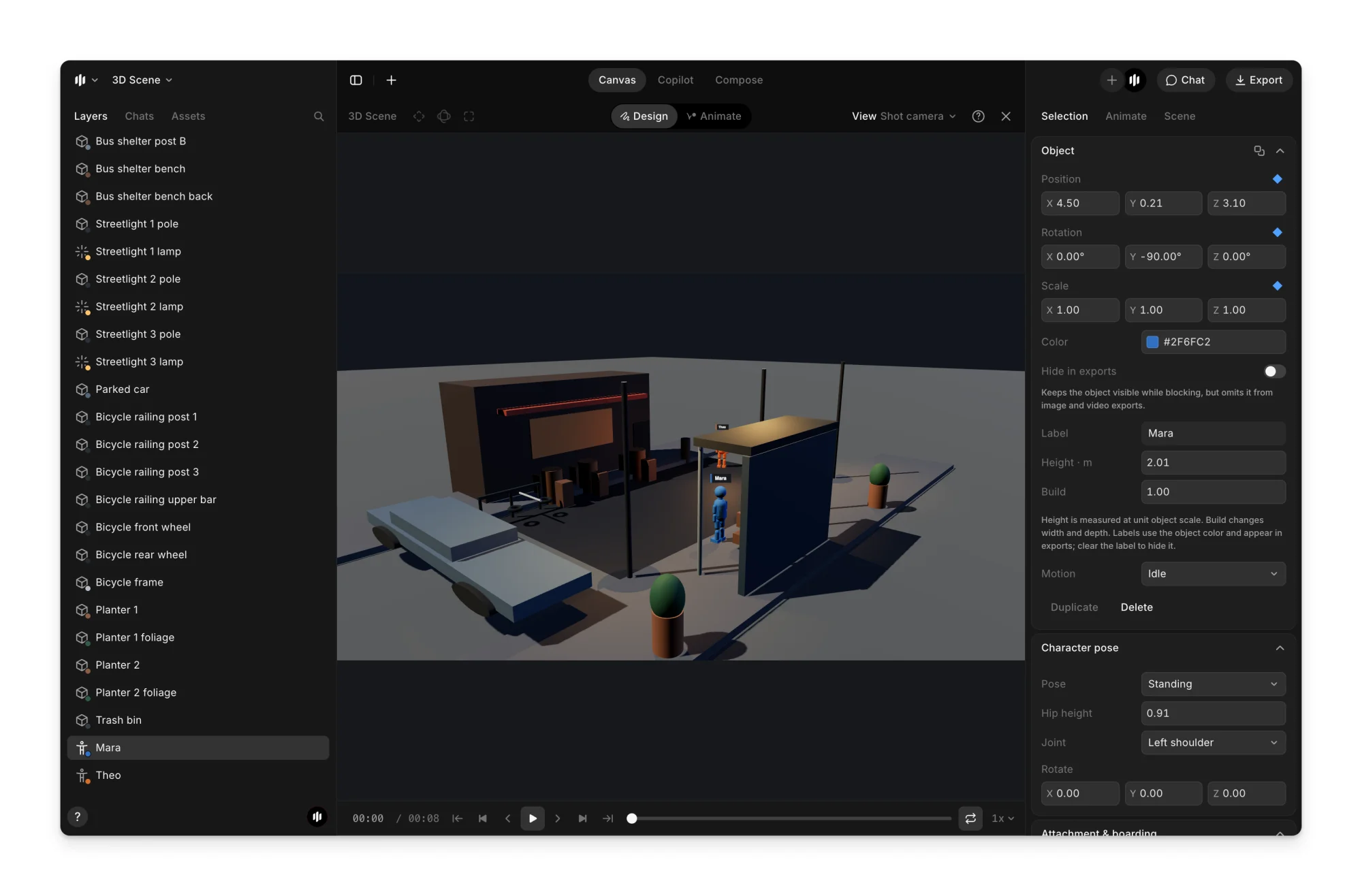 The 3D editor: Layers on the left, the viewport through the shot camera in the middle, Design and Animate at the top, and the Selection tab on the right