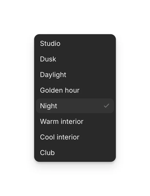 The Environment menu: Studio, Dusk, Daylight, Golden hour, Night, Warm interior, Cool interior, Club