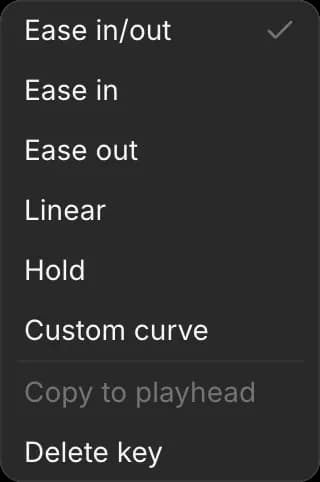 The right-click menu on a keyframe: the easing options, then Copy to playhead and Delete key