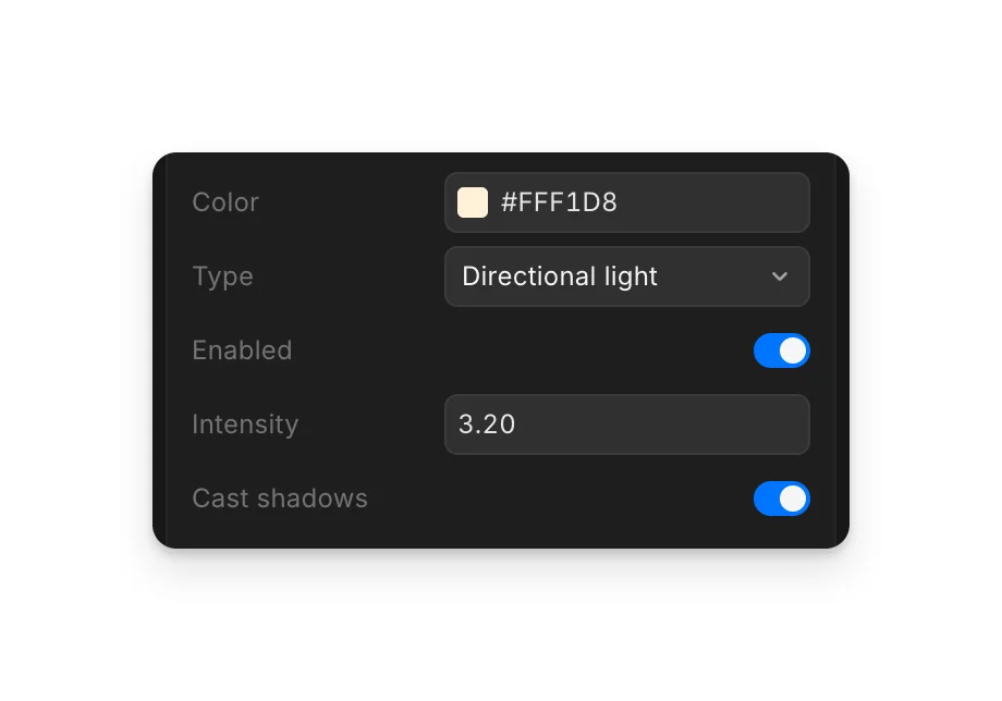 Settings for the Sun light: Color, Type, Enabled, Intensity and Cast shadows