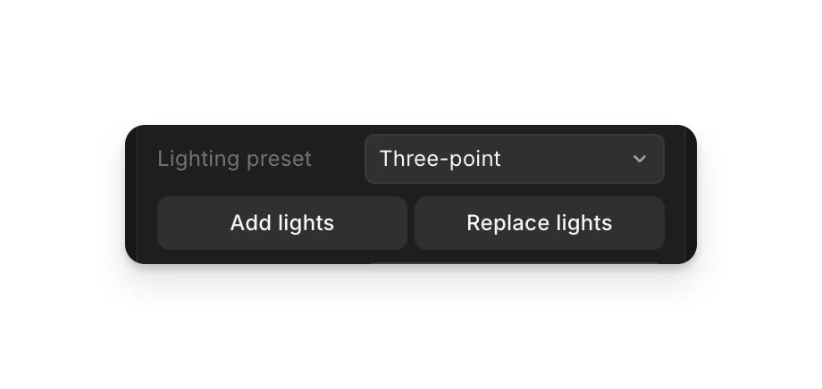 Lighting preset set to Three-point, with Add lights and Replace lights