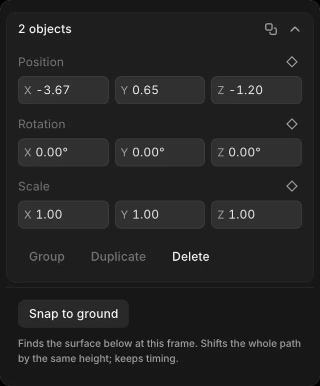 The Selection tab with 2 objects selected, showing Group, Duplicate, Delete and Snap to ground