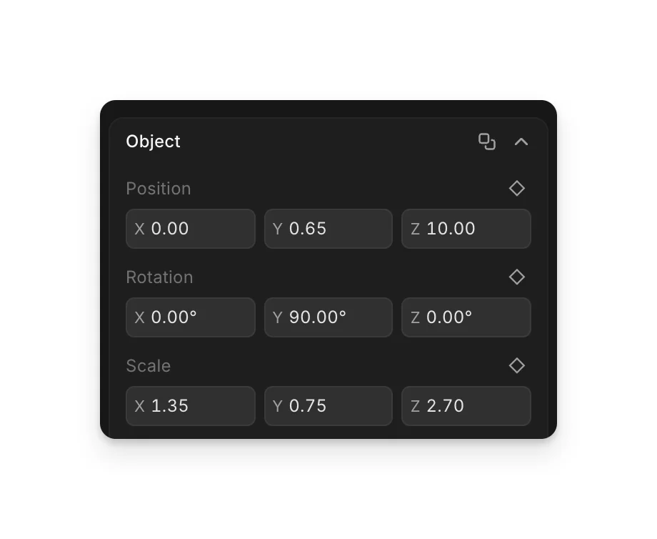 Position, Rotation and Scale for a selected object in the Selection tab