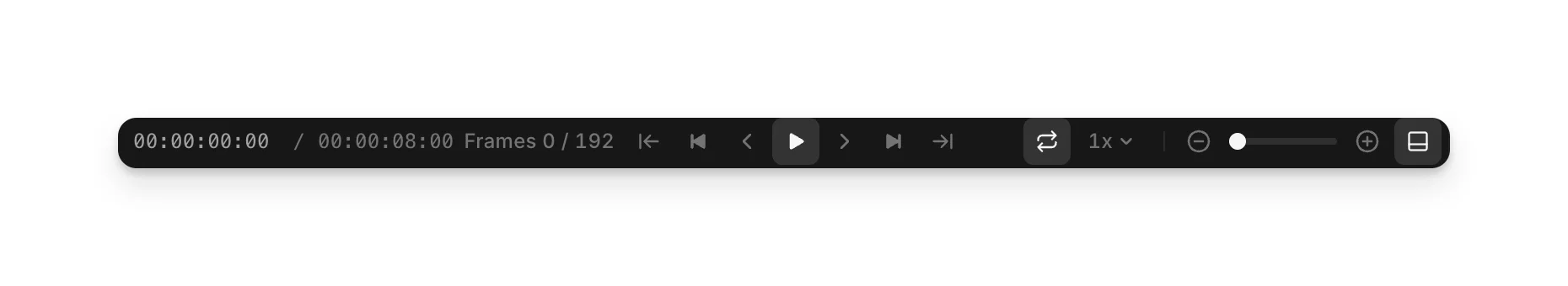 The playback bar: timecode, frame count, playback buttons, loop, speed and zoom