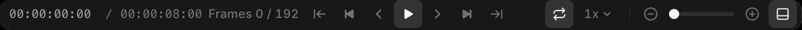 The playback bar: timecode, frame count, playback buttons, loop, speed and zoom