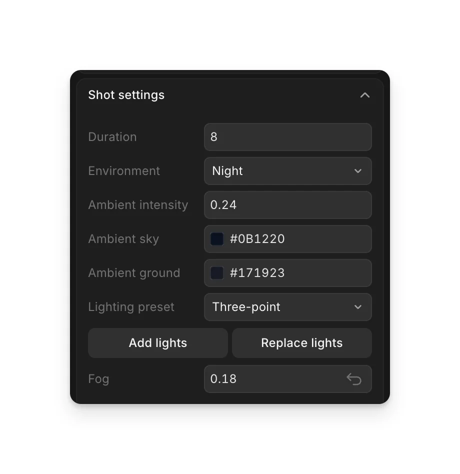 Shot settings in the Scene tab, with Duration at the top