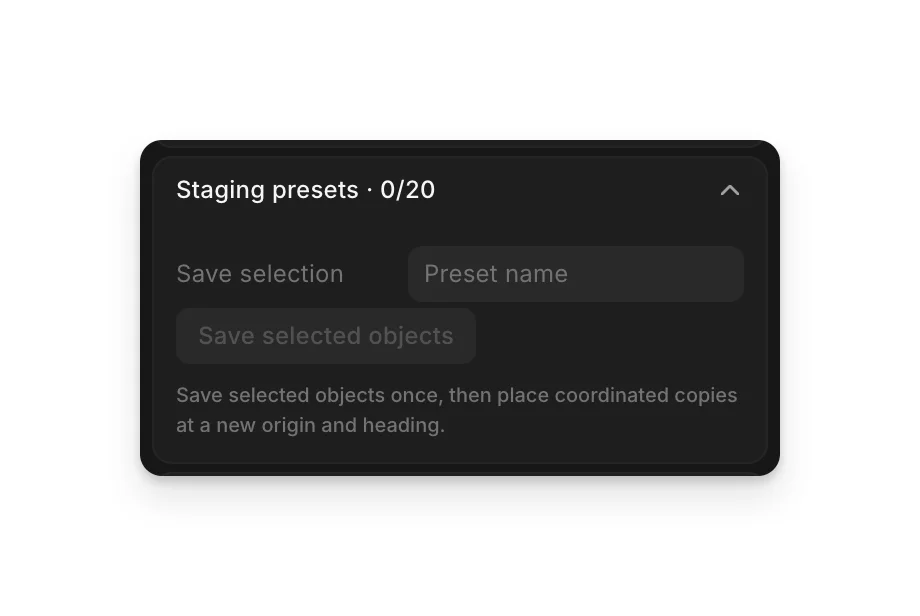 Staging presets in the Scene tab, with Save selection and Save selected objects