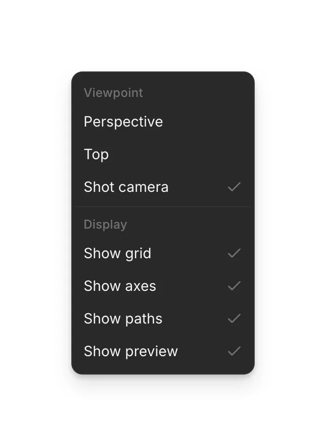 The View menu: Perspective, Top and Shot camera, then Show grid, Show axes, Show paths and Show preview