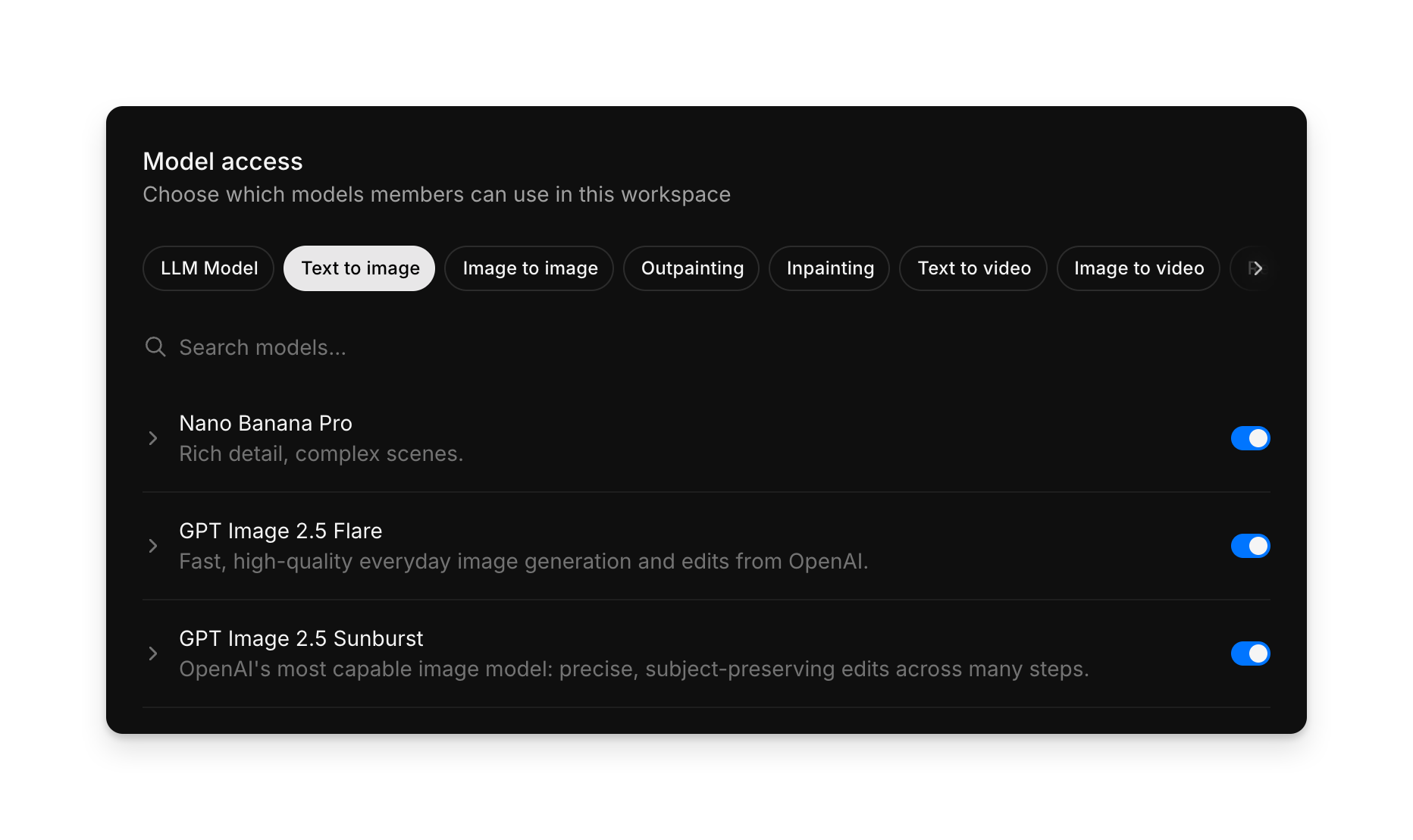 Model access with the text to image tab open and a toggle beside each model