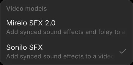 비디오 효과음 모델 선택기. Mirelo SFX 2.0과 Sonilo SFX가 표시됩니다