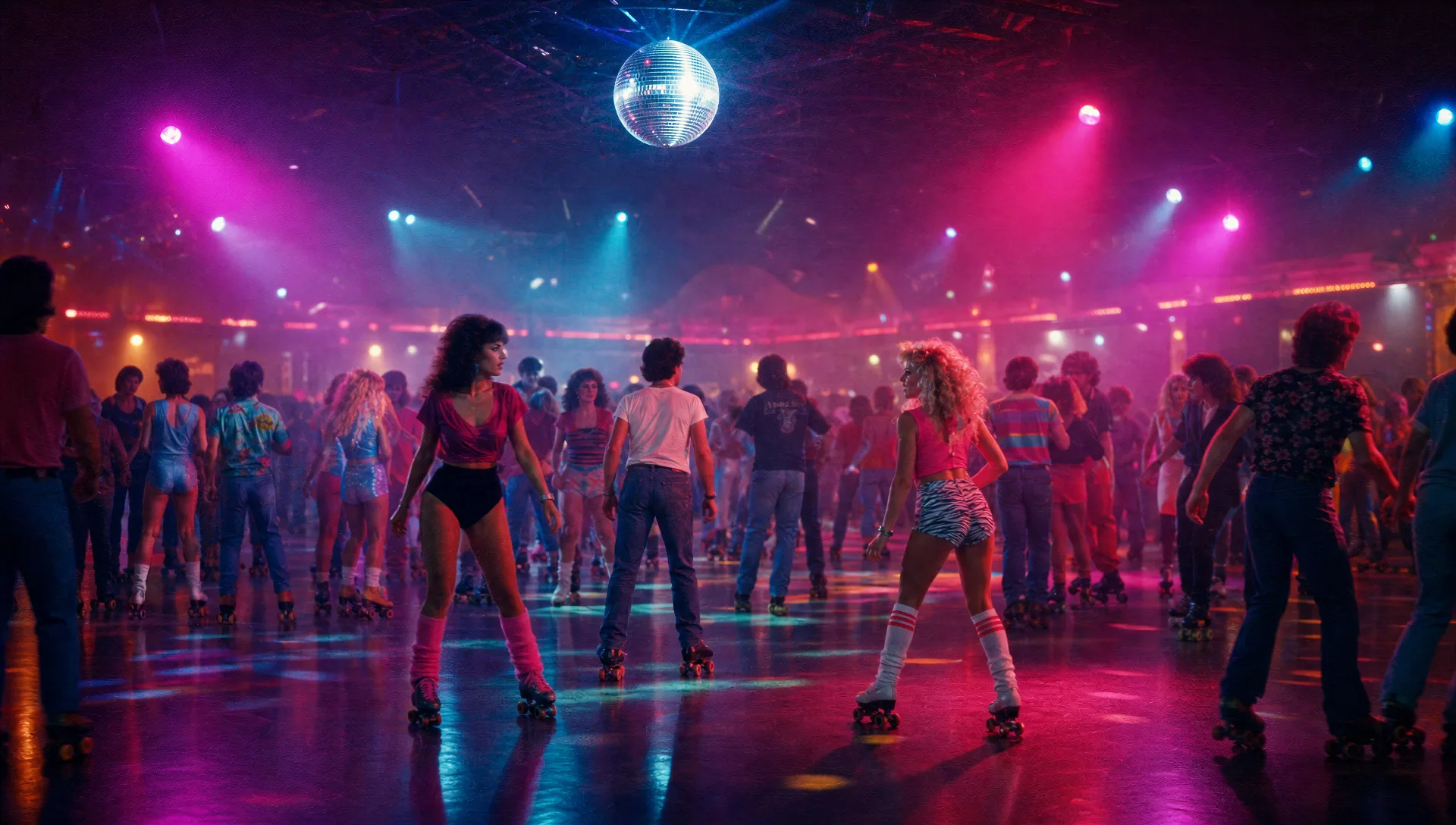 A roller rink under spinning lights