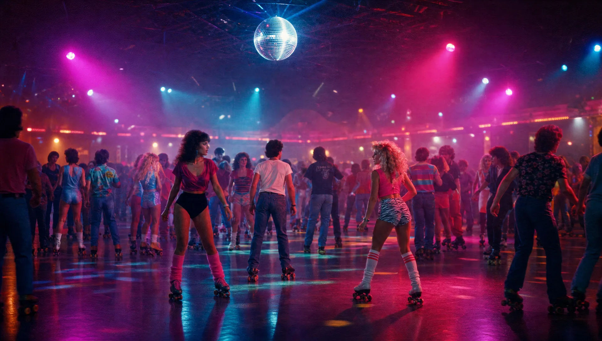A roller rink under spinning lights