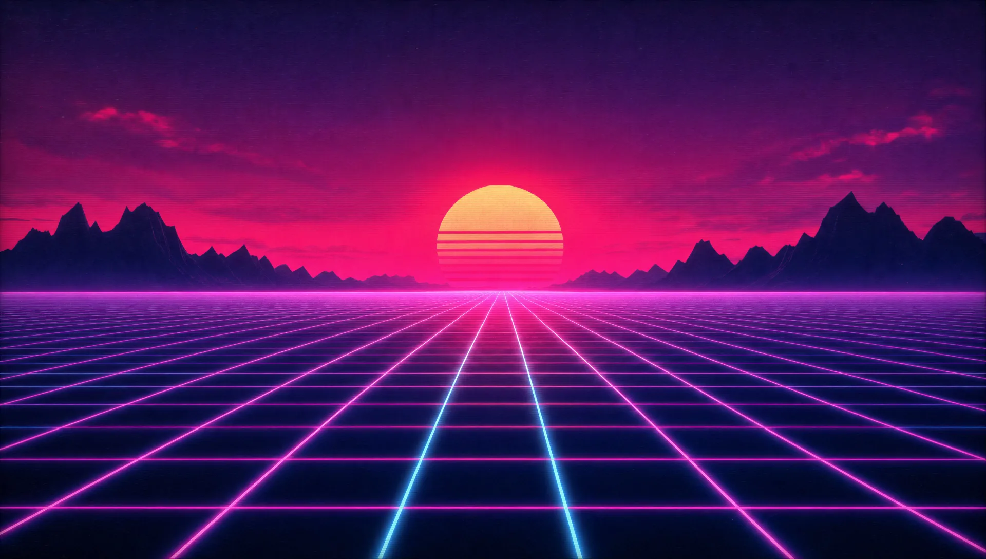 A neon-grid synthwave horizon