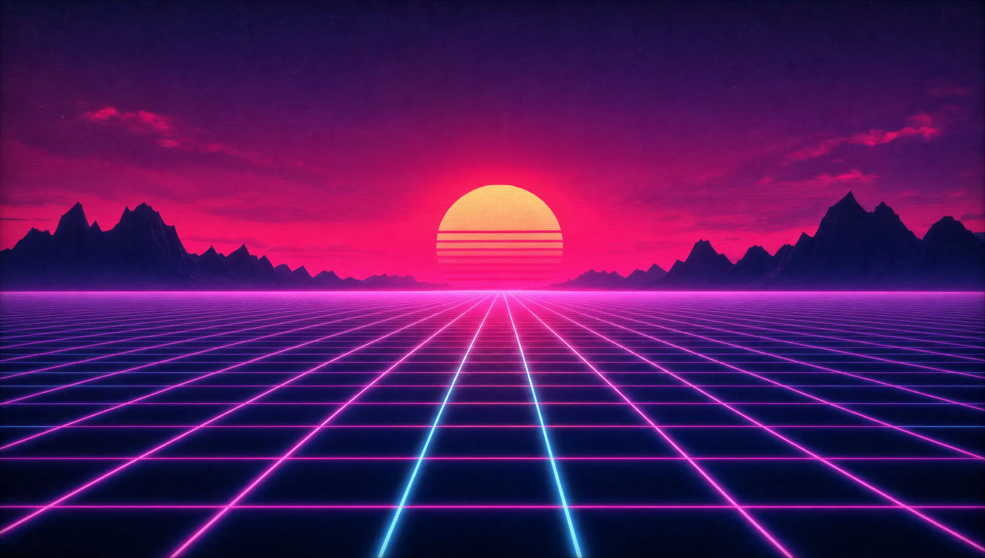 A neon-grid synthwave horizon