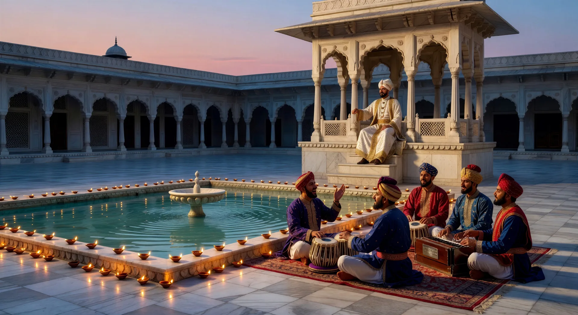 A qawwali by the fountain at dusk
