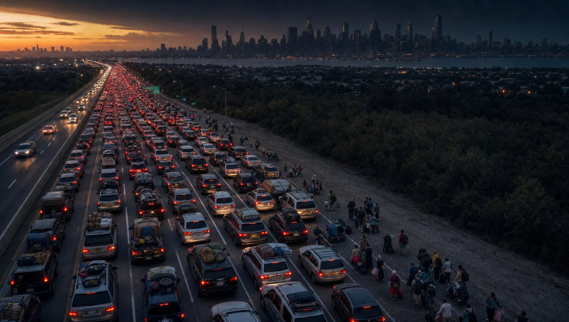 Evakuierungsstau auf einer sechsspurigen Autobahn