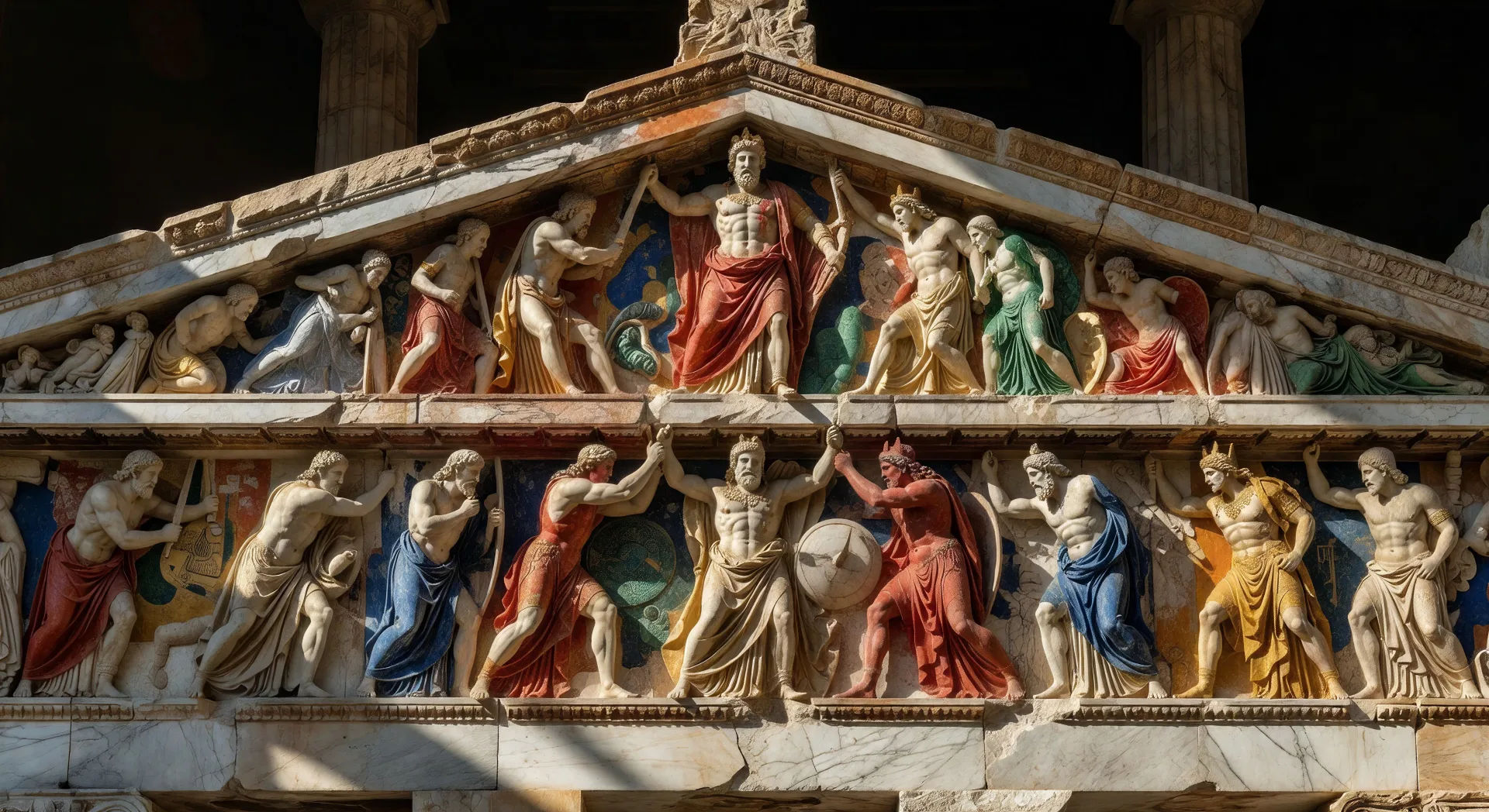 Pediment battle in painted marble