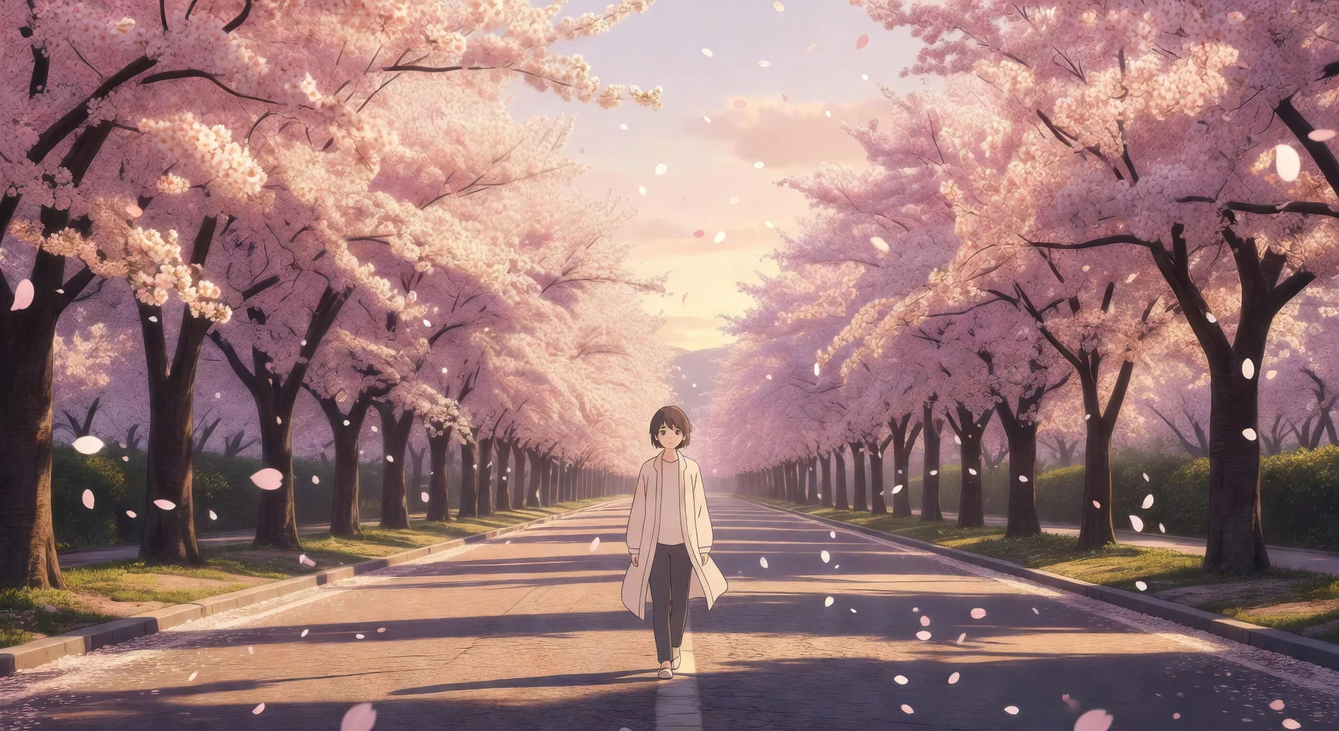 Caminhada na rua de sakura na primavera