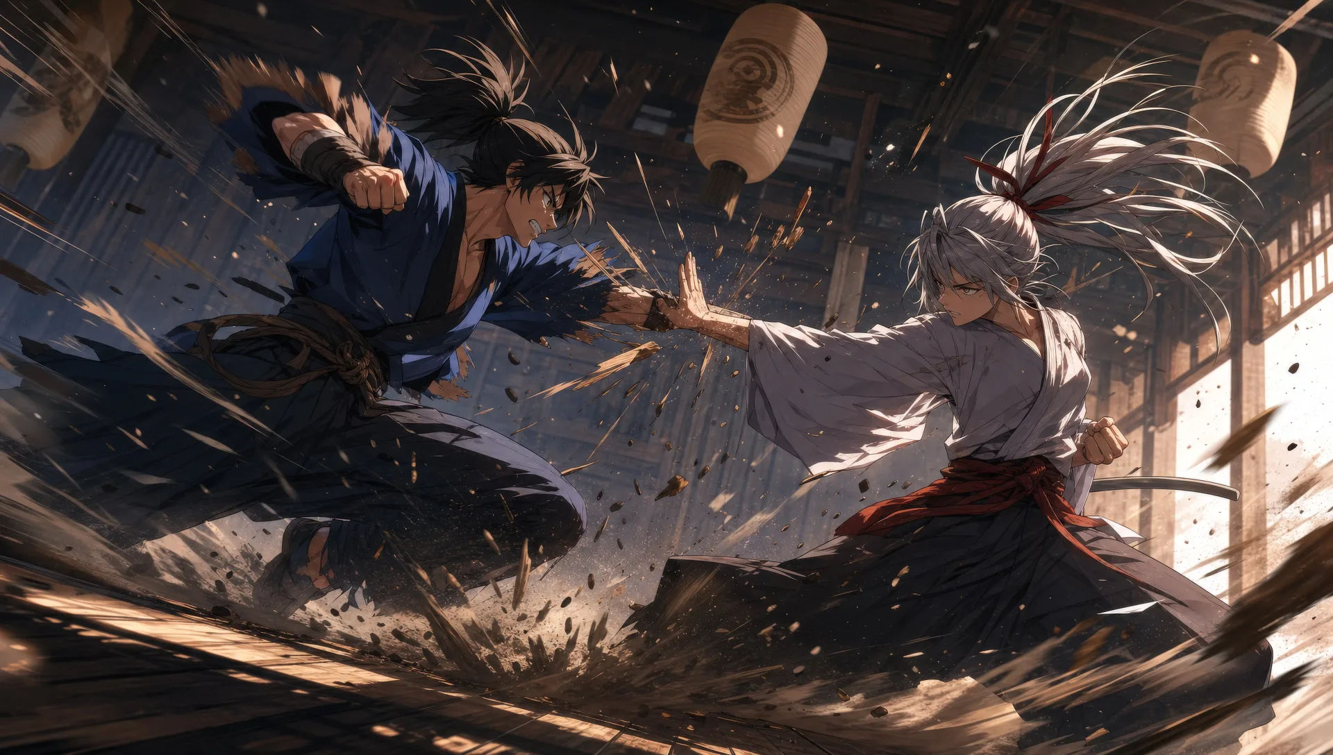 Dojo duel under hanging lanterns