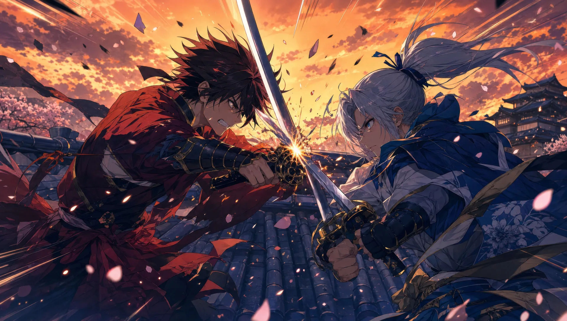 Rooftop sword clash at dusk