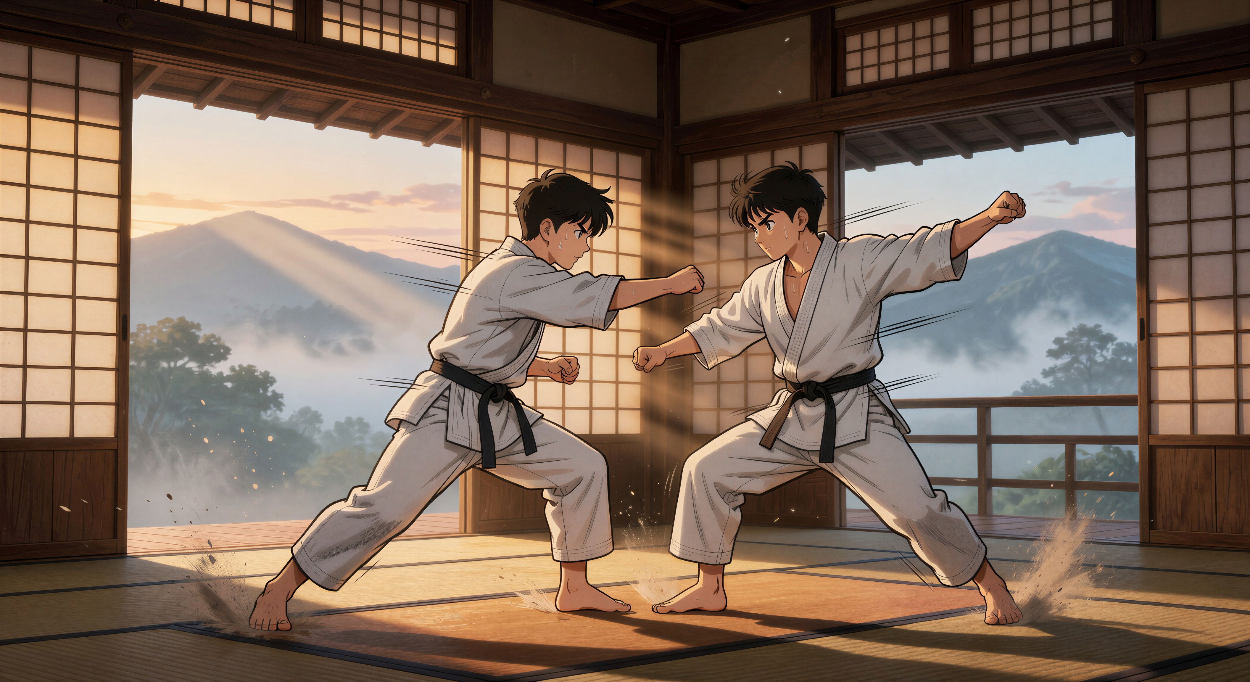 Training dojo sparring at dawn