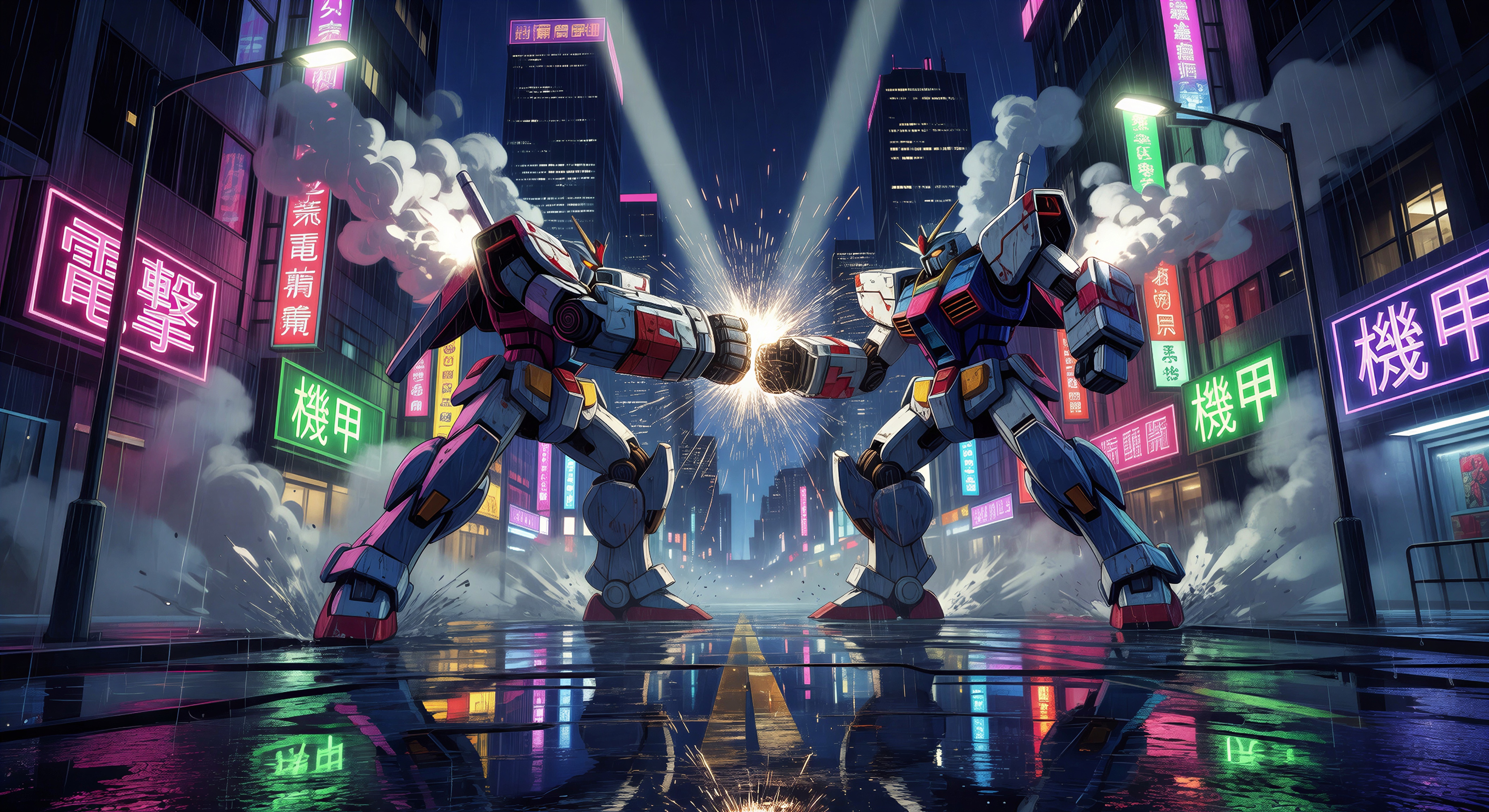 Mecha showdown in neon-rain city