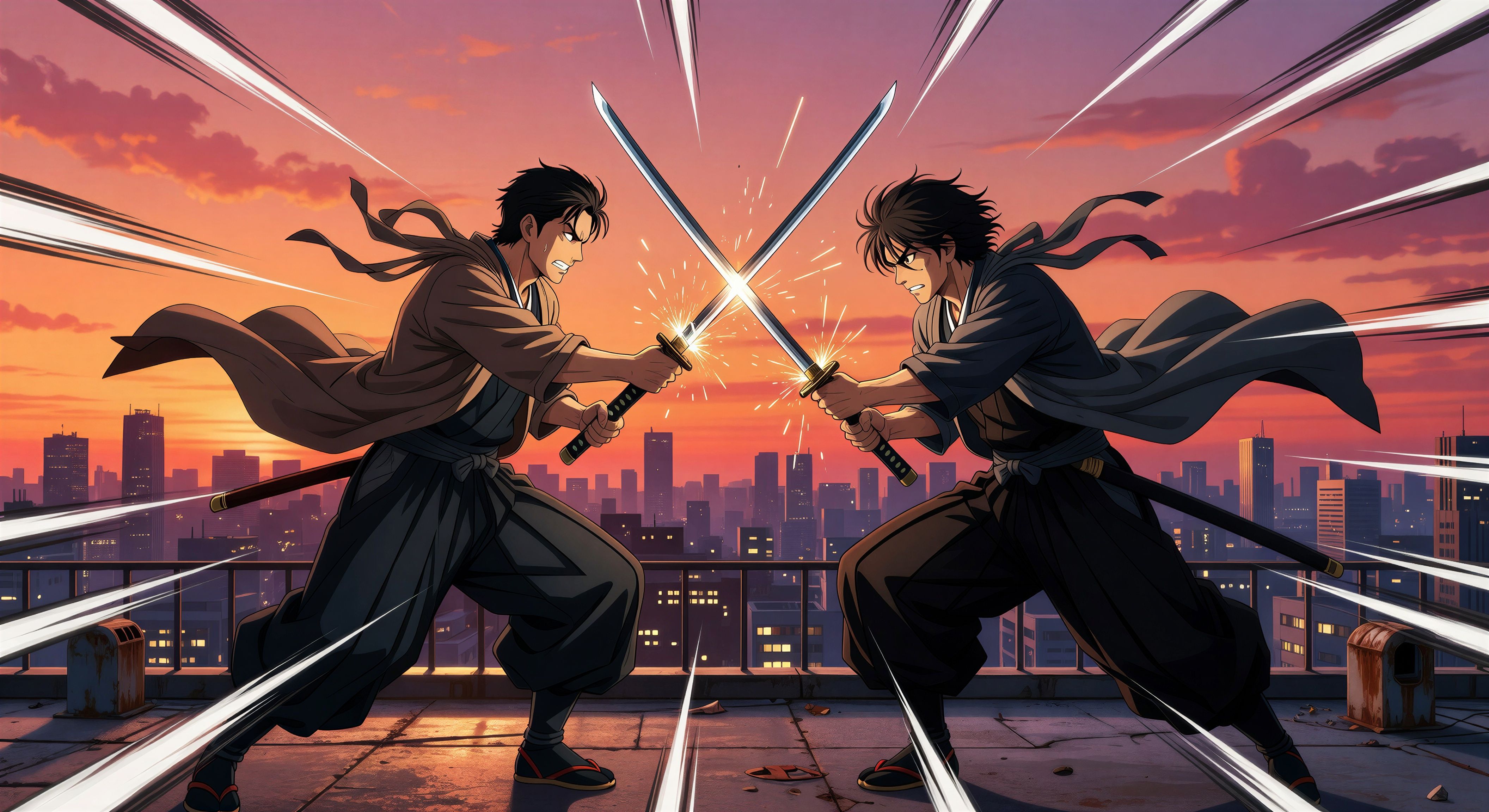 Duelo de katana num telhado ao pôr do sol