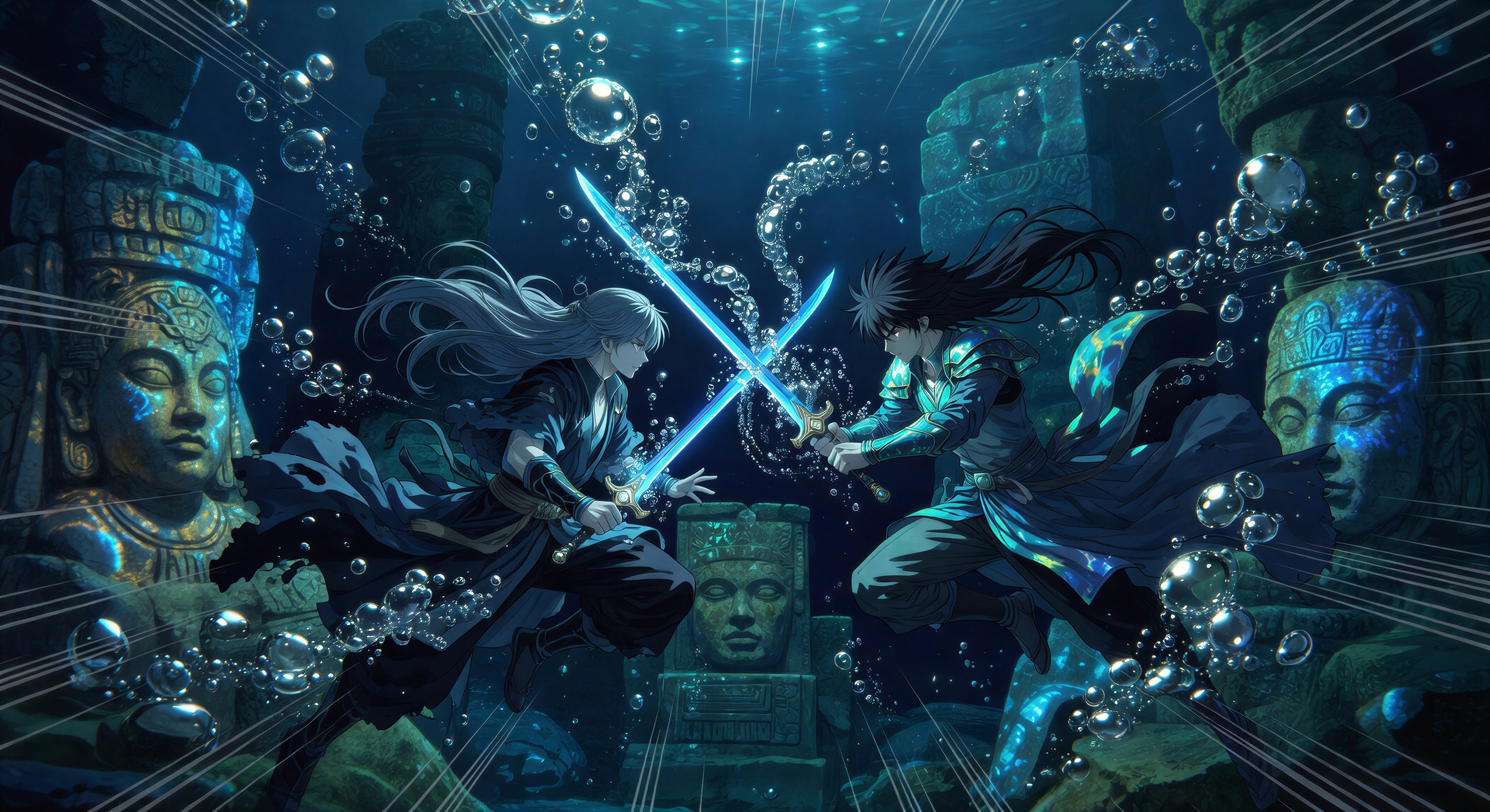 Underwater combat with glowing blades