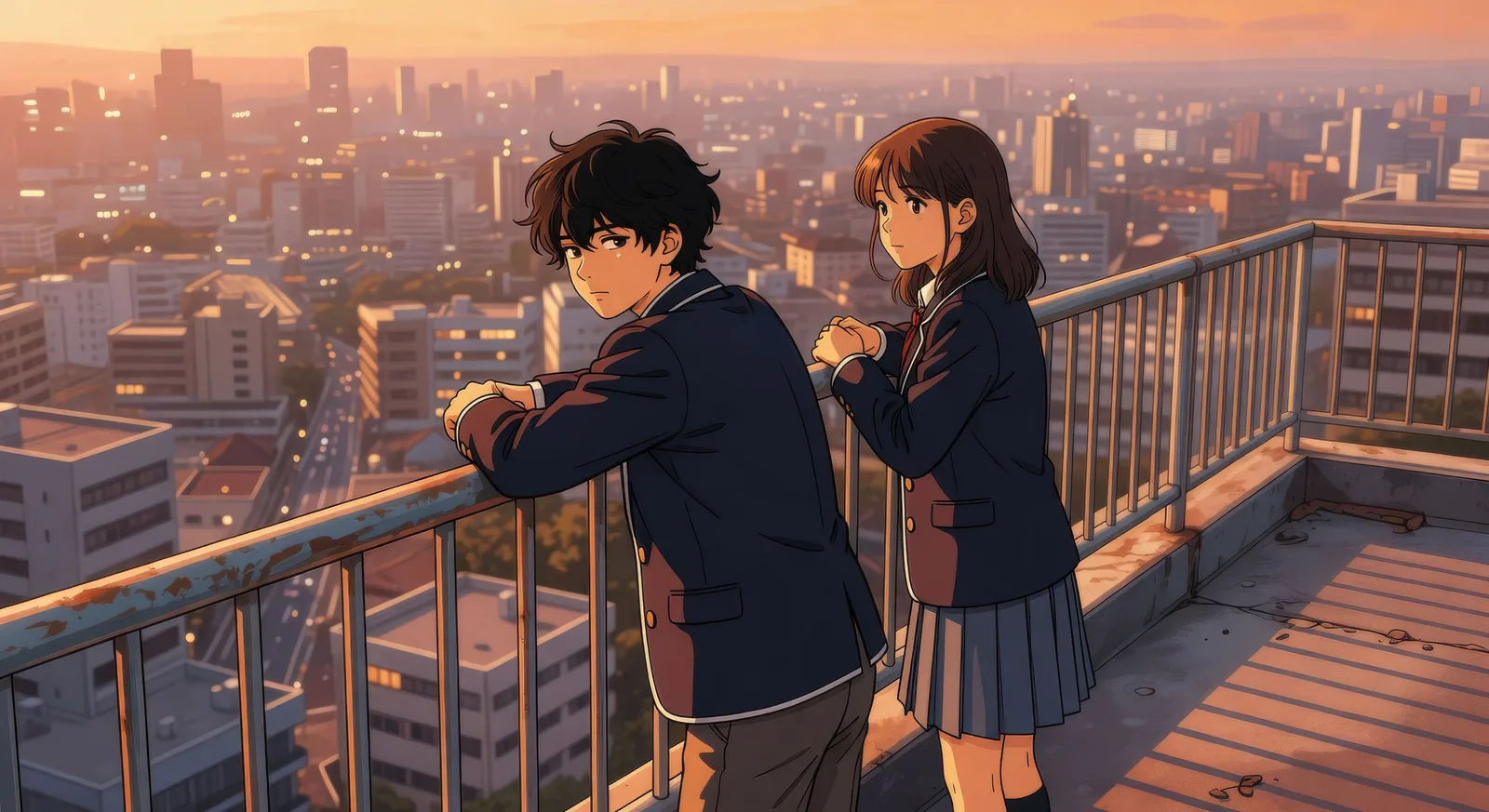 Rooftop confession at golden hour