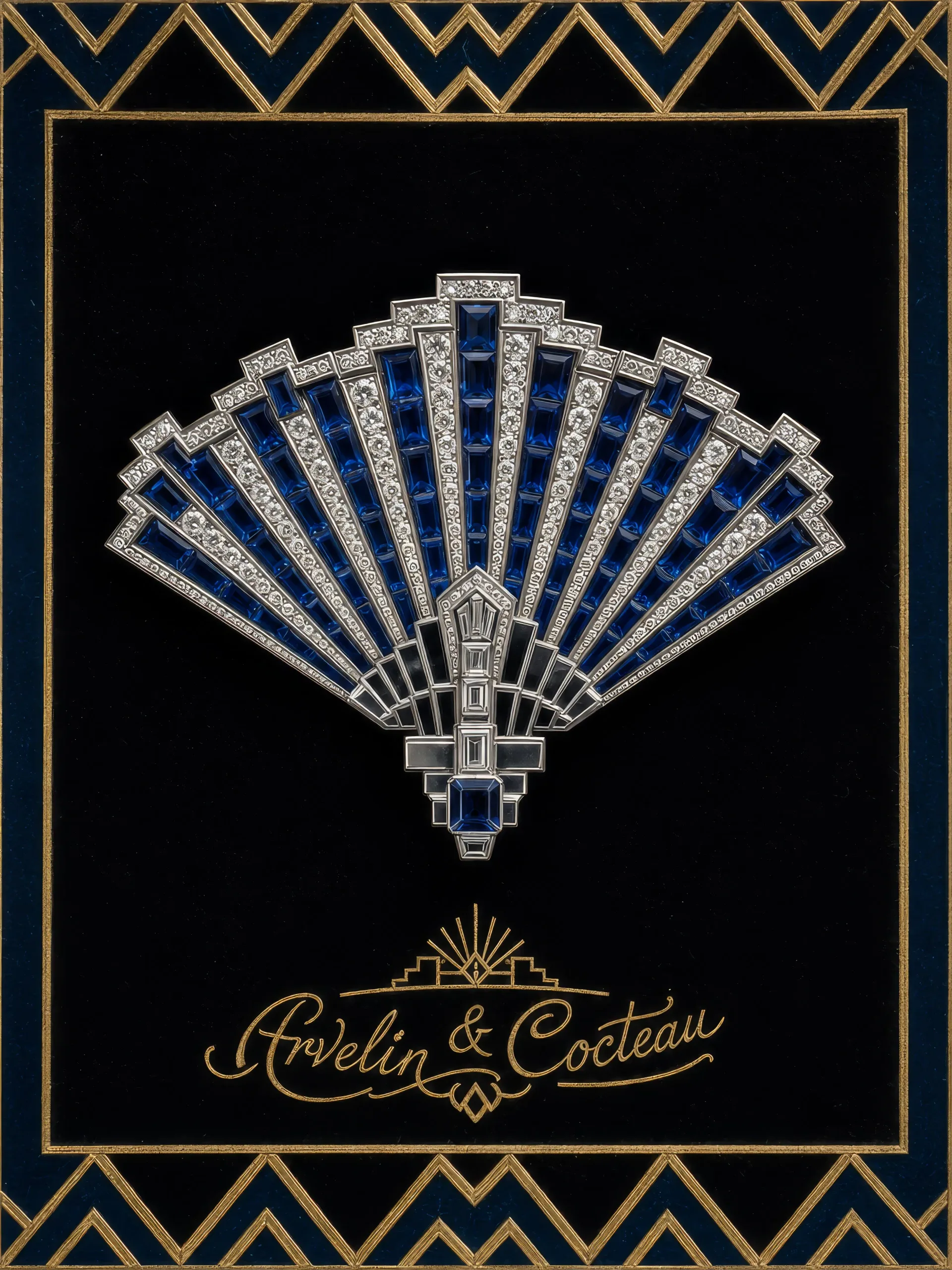Sapphire fan brooch on black velvet