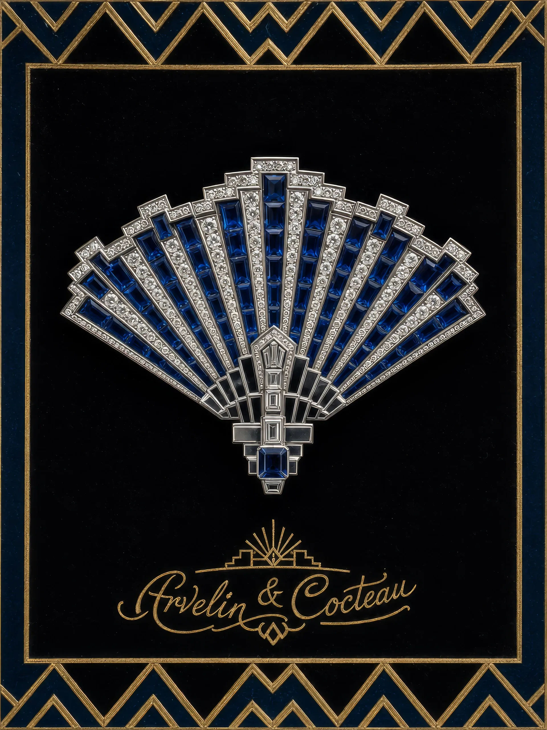 Sapphire fan brooch on black velvet