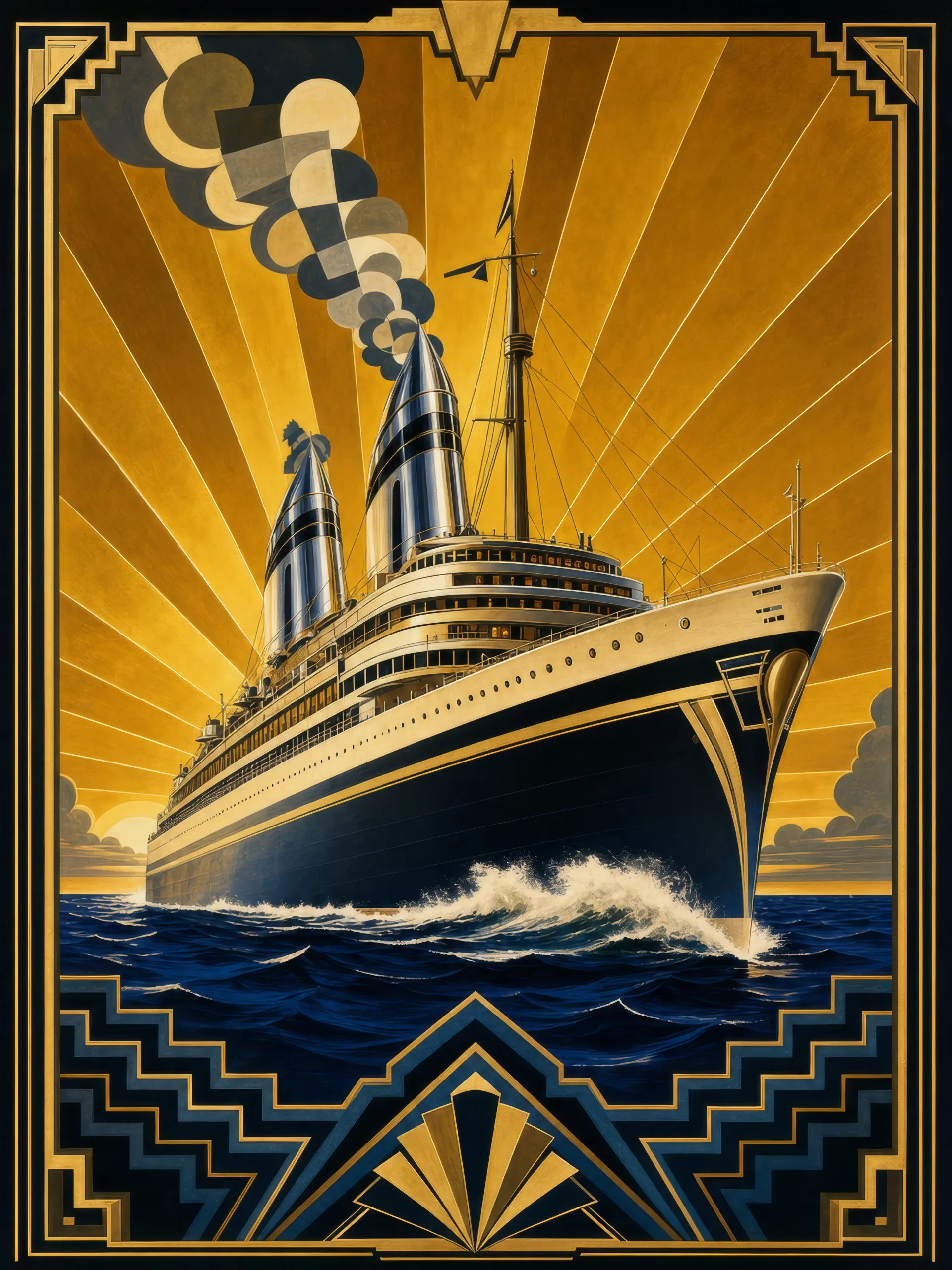 Ocean liner cutting through an ink-blue sea
