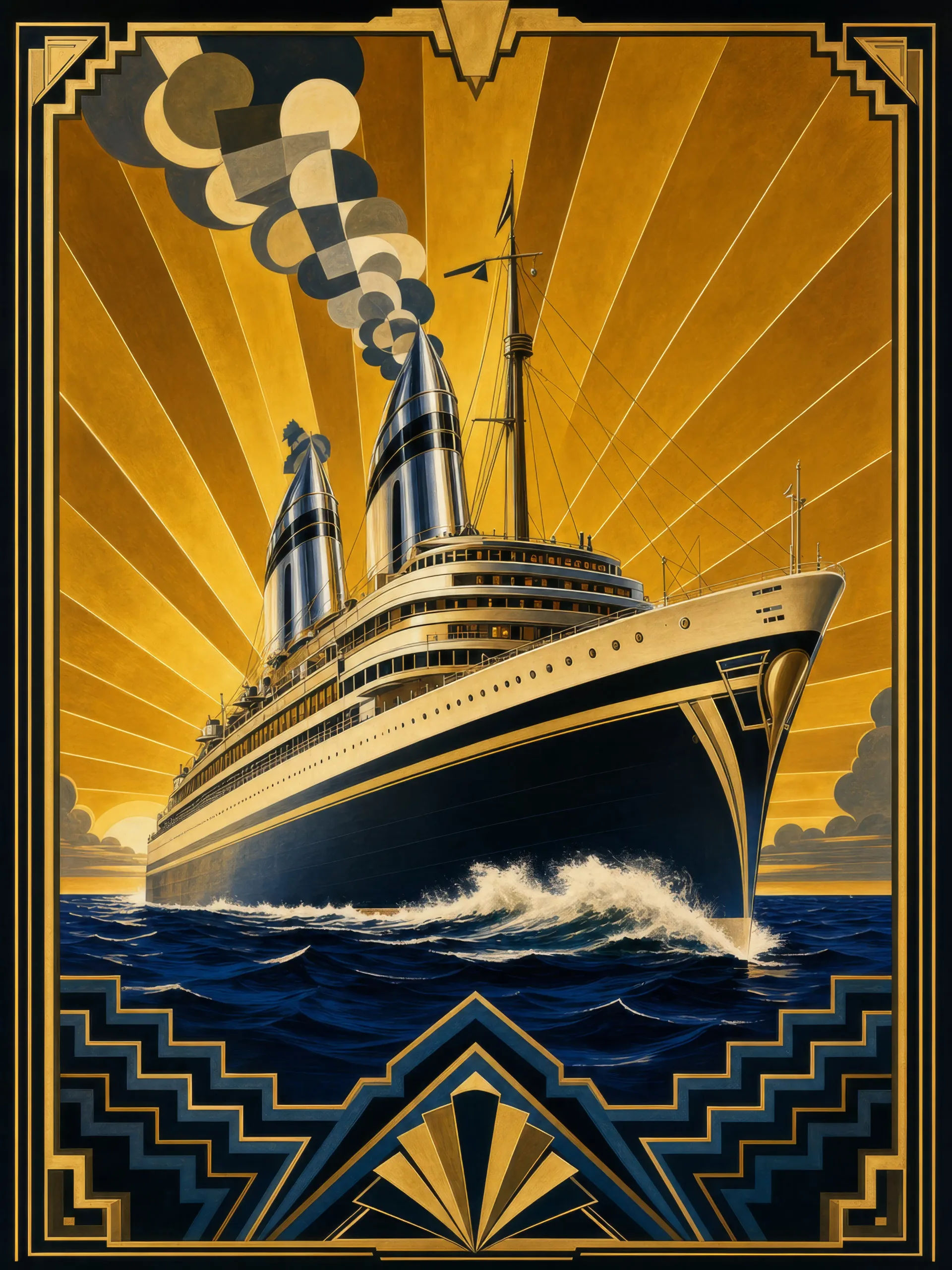 Ocean liner cutting through an ink-blue sea