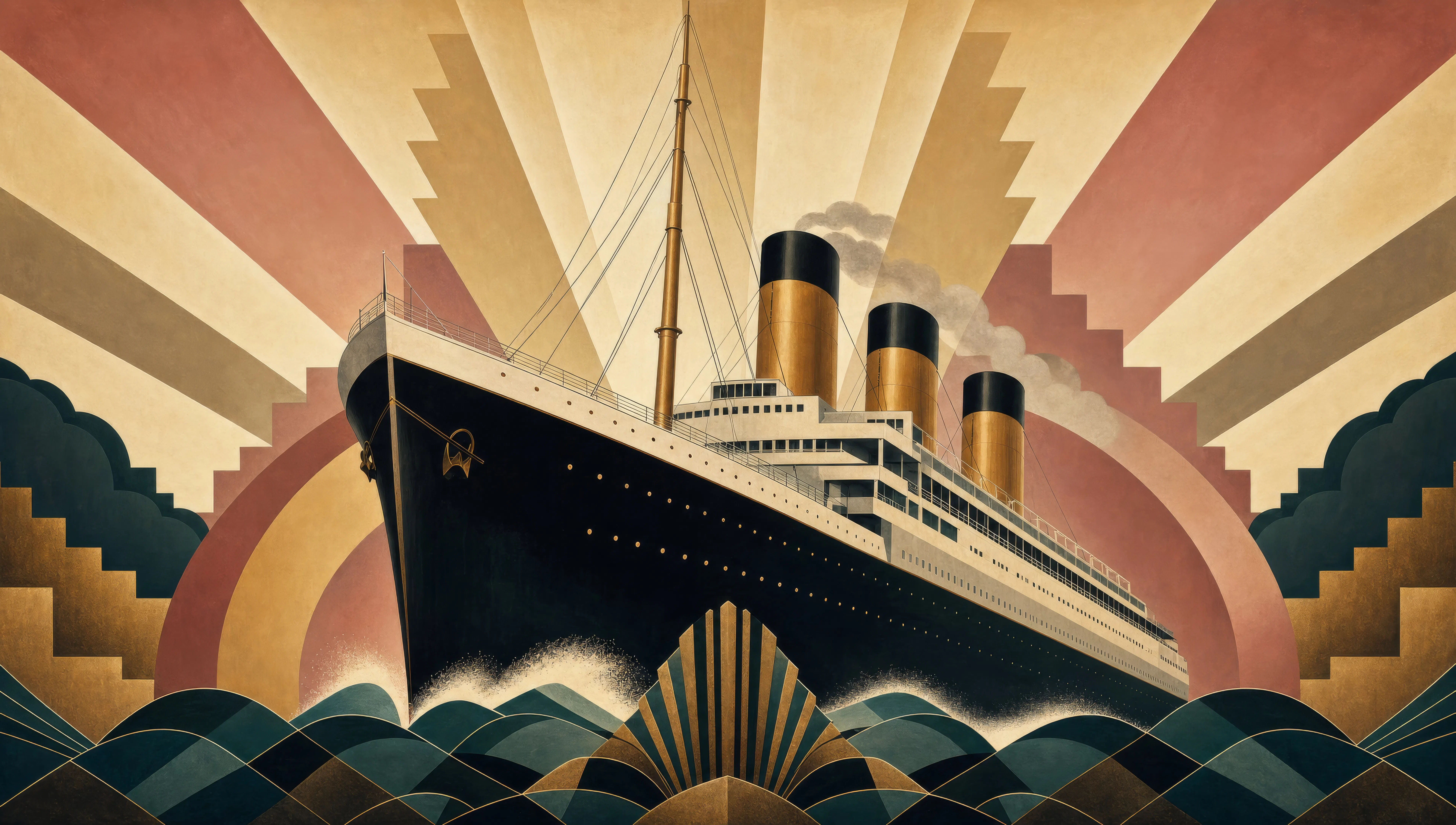 Ocean liner against a stepped sunburst